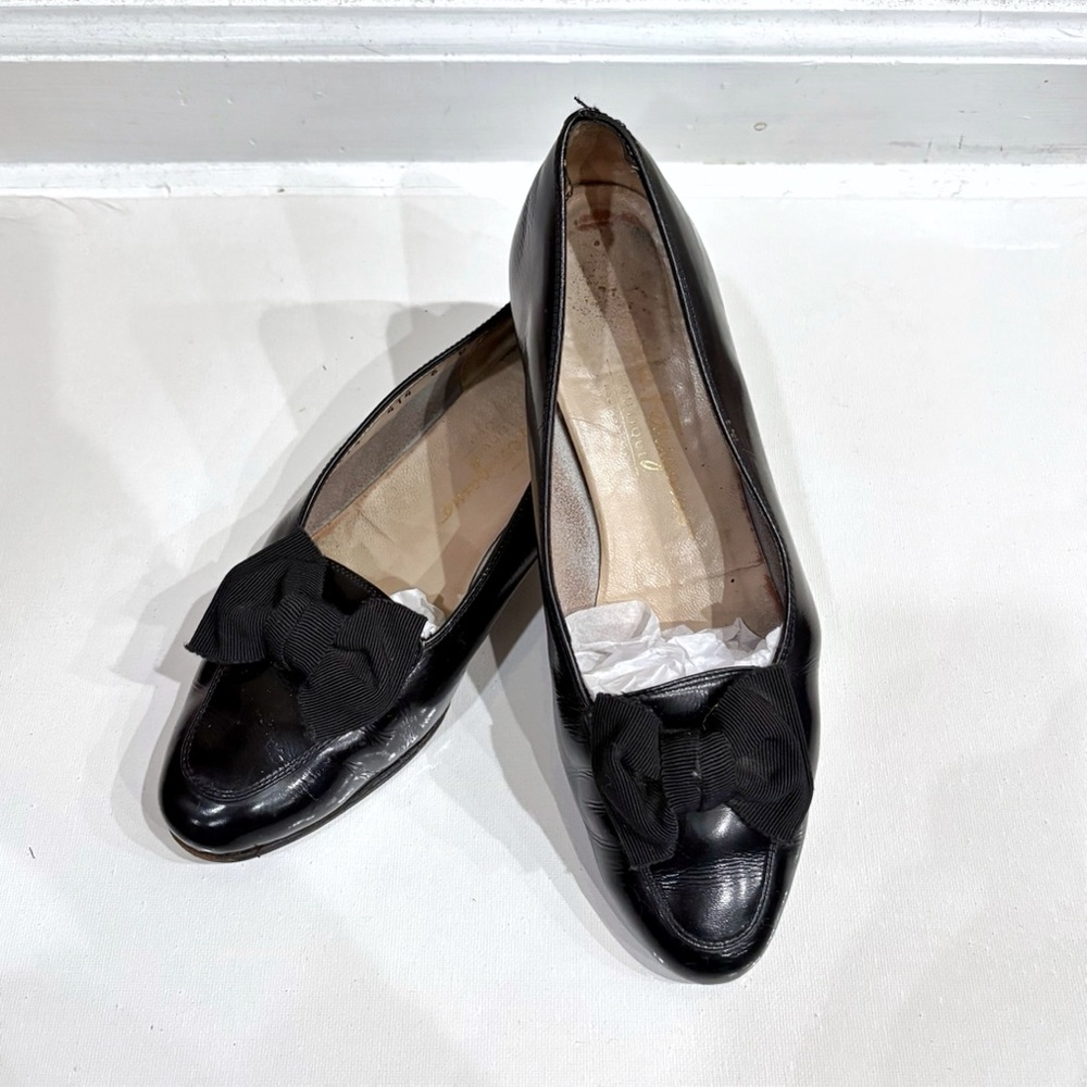 Ferragamo Black Leather Bow Flats Women’s Size 6C Vintage Classic Shoes